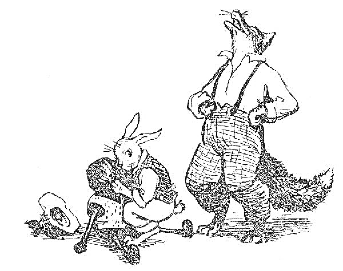Раскраска Братец Кролик и Братец Лис с фигурой человека, держащего палку