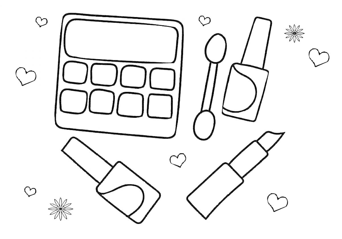 Раскраска Набор косметики для девочек (палетка теней, двусторонний аппликатор, два флакона лака для ногтей, помада, сердечки, снежинки)