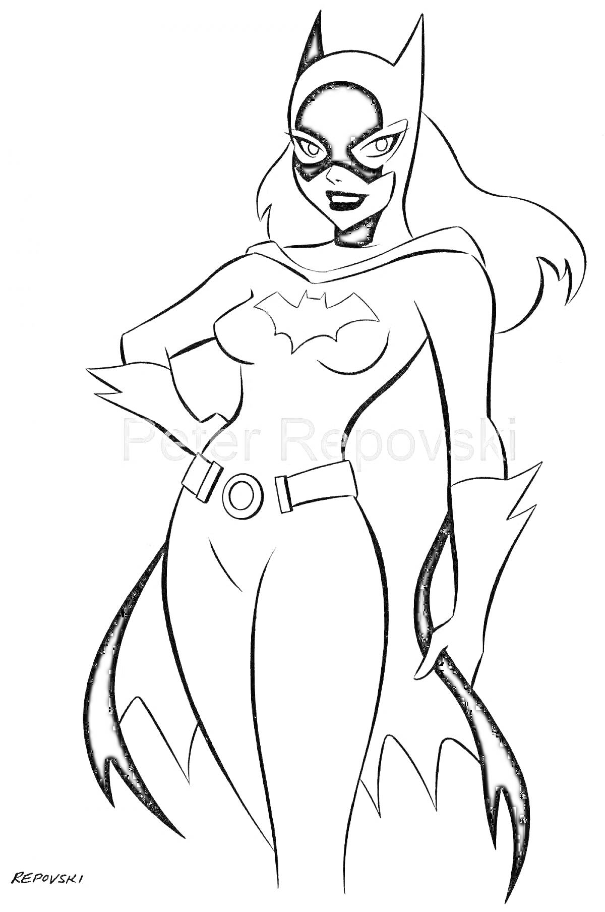 Раскраска Женщина в костюме с маской и ушами, эмблема летучей мыши на груди