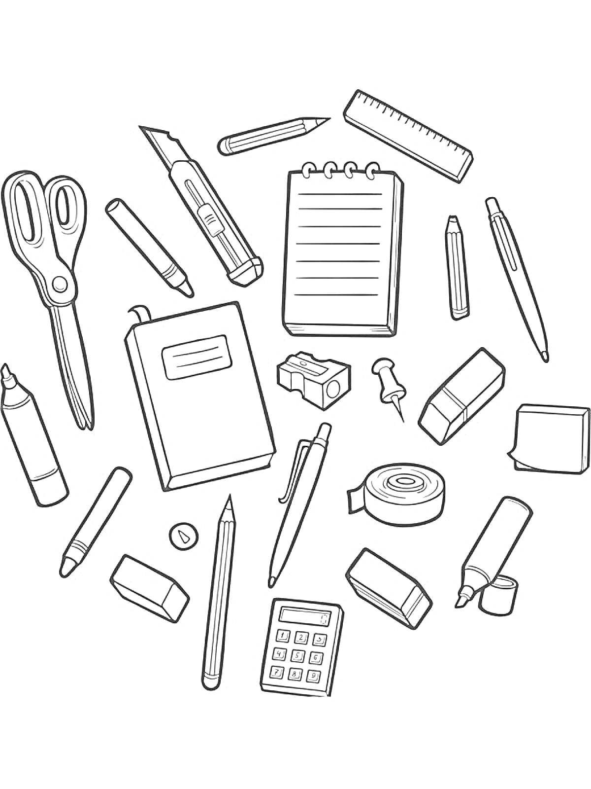Канцелярские принадлежности: ножницы, канцелярский нож, линейка, блокнот, ручка, карандаш, ластик, резинка для стирания, скрепка, фломастер, калькулятор, клей, точилка, скобы, карандаш механический, клей-карандаш, кнопка, скотч