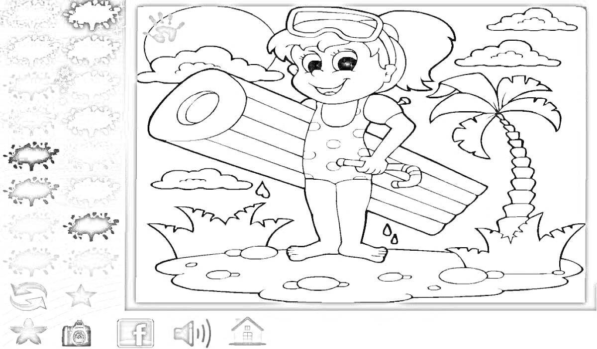 На раскраске изображено: Девочка, Пляж, Облака, Камни, Капли, Пальмы