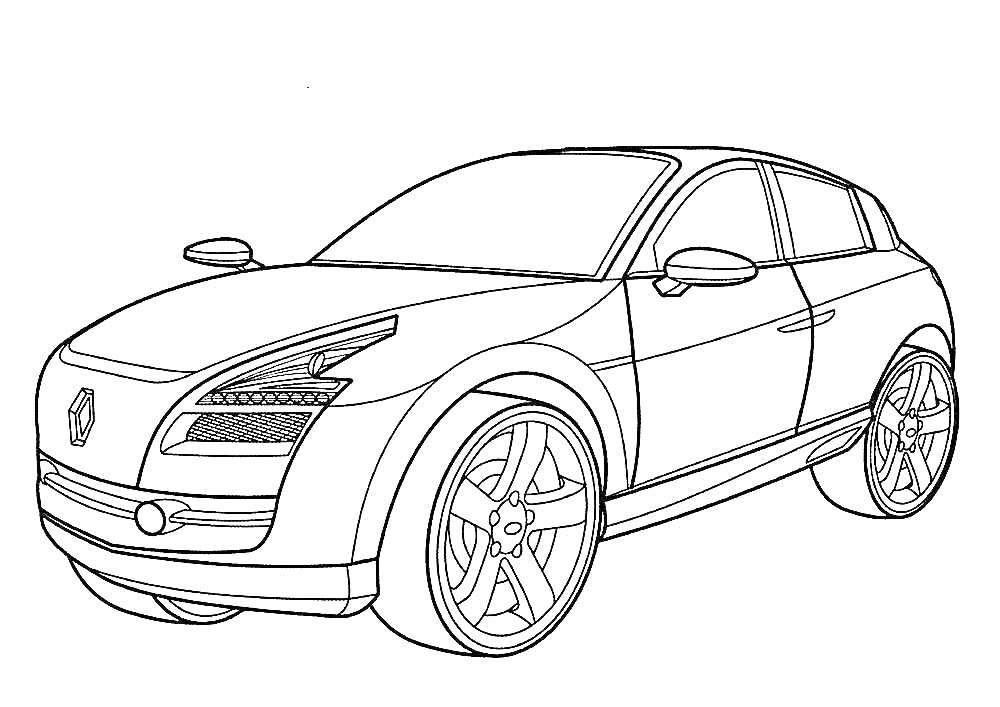 Раскраска Рисунок автомобиля Рено в трехчетвертном ракурсе, вид сбоку на правую часть авто, зеркала, фары, боковые окна, колеса