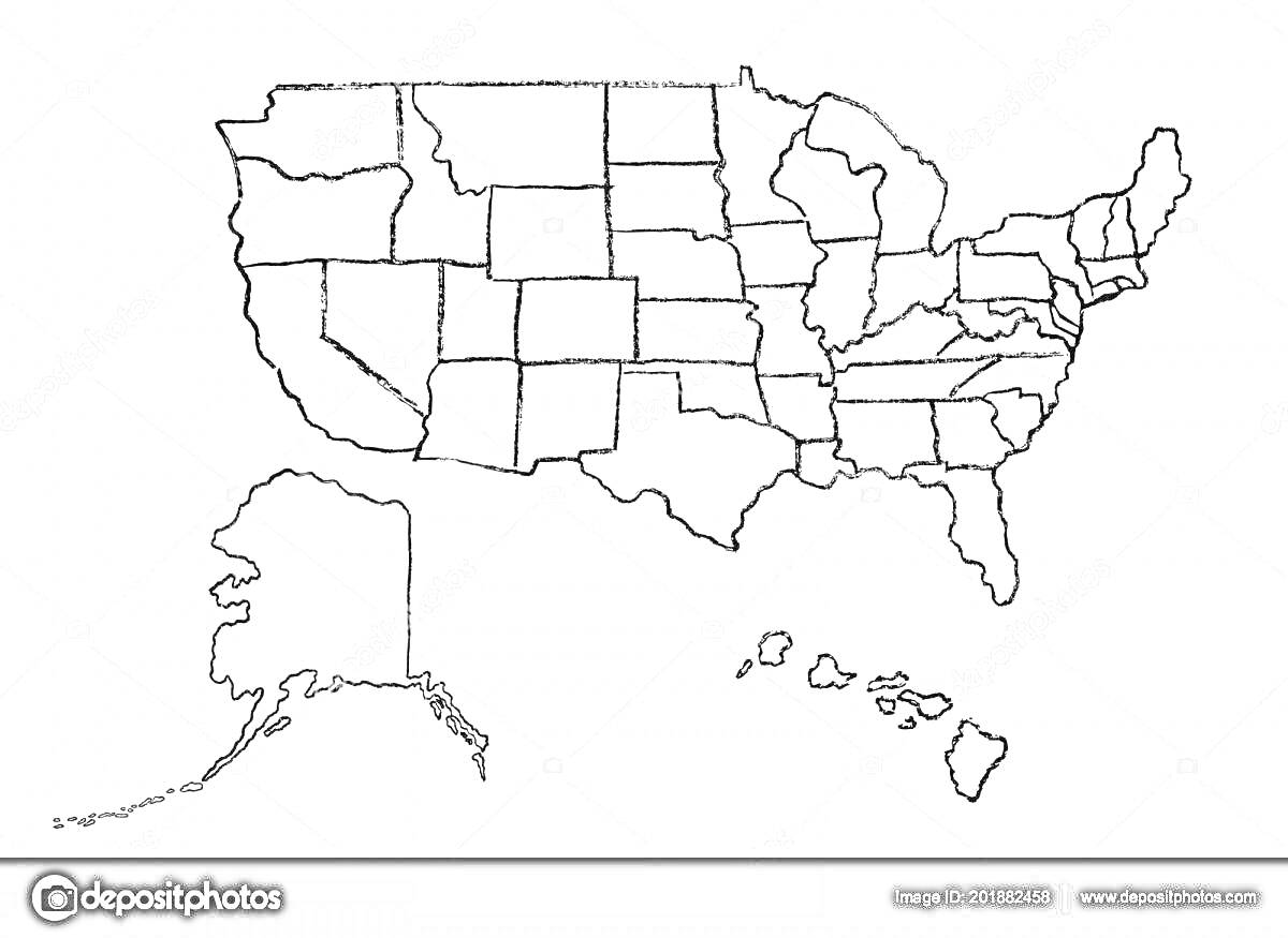Раскраска Контурная карта Соединенных Штатов Америки с границами штатов