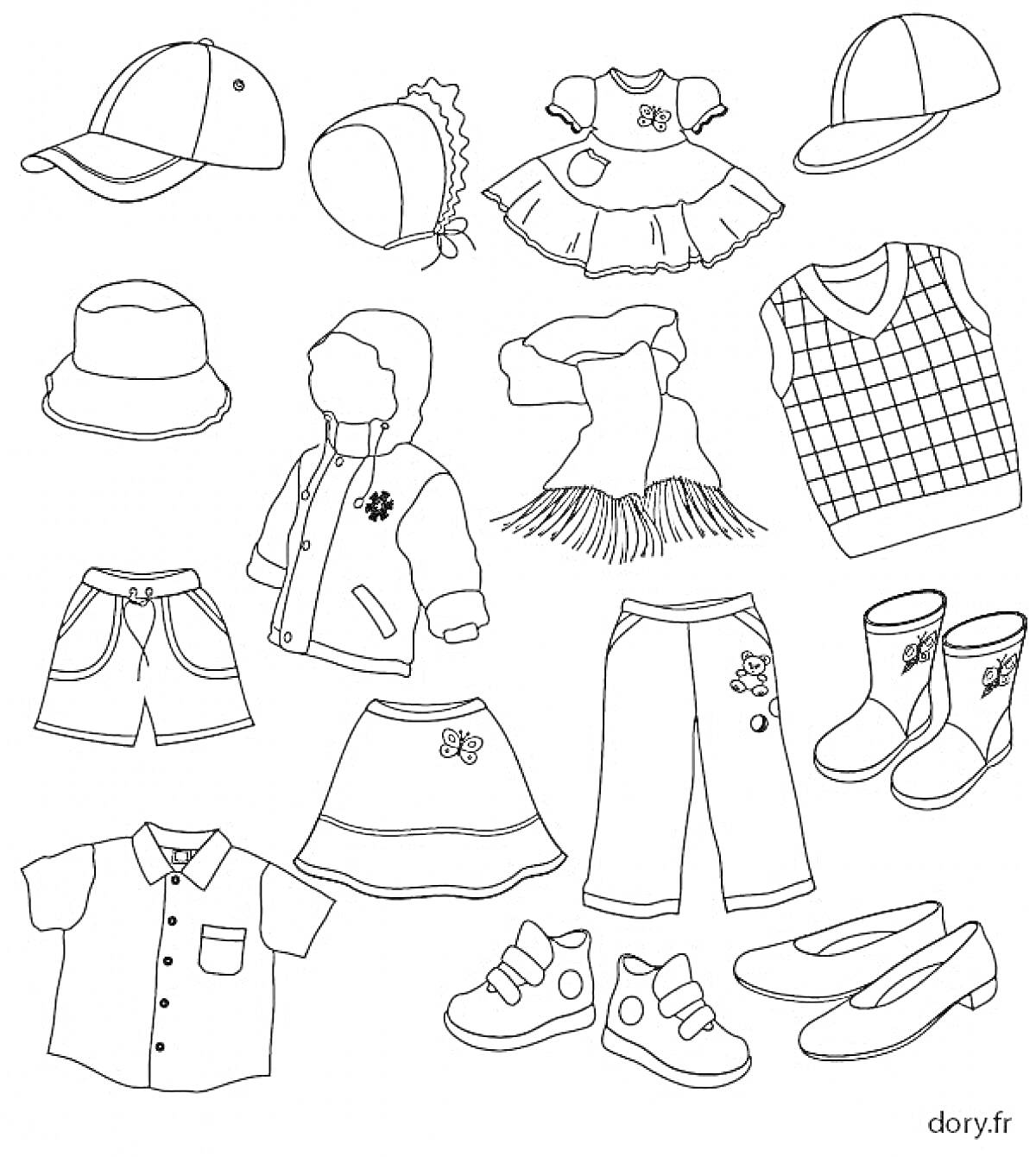 Раскраска Головные уборы, платья, кофта, шарф, майка, шорты, юбка, штаны, куртка, рубашка, футболка, обувь, кроссовки, балетки