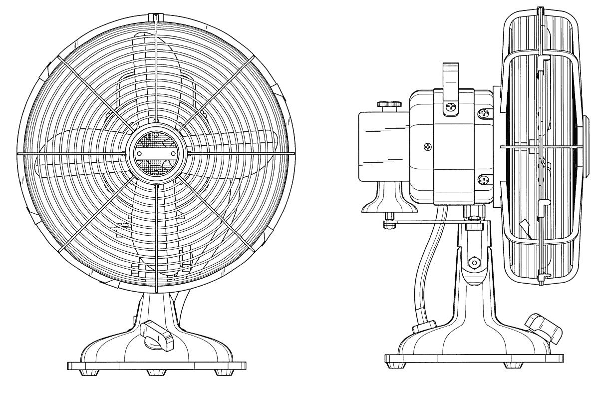 Раскраска Вентилятор в двух проекциях (вид спереди и сбоку), наличие решетки, подставки и элементов управления