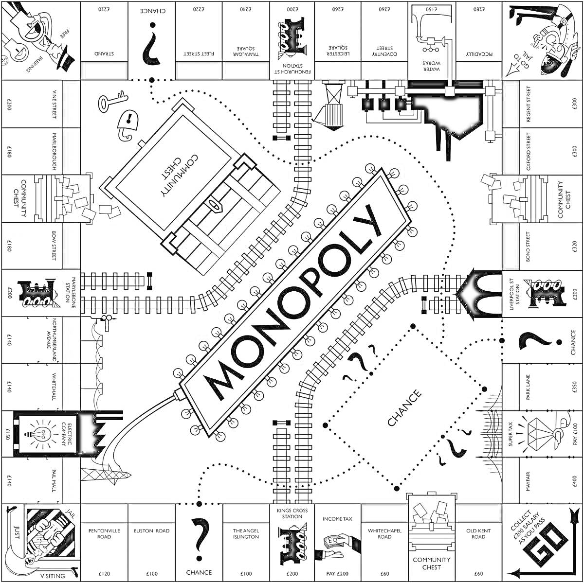 Раскраска Монополия с игровым полем, клетками недвижимости и специальными клетками (Go, Jail, Free Parking, Go to Jail), центральной надписью 