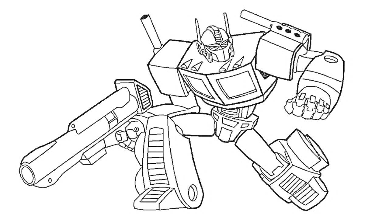 Раскраска Робот с оружием в динамичной позе, готовый к бою