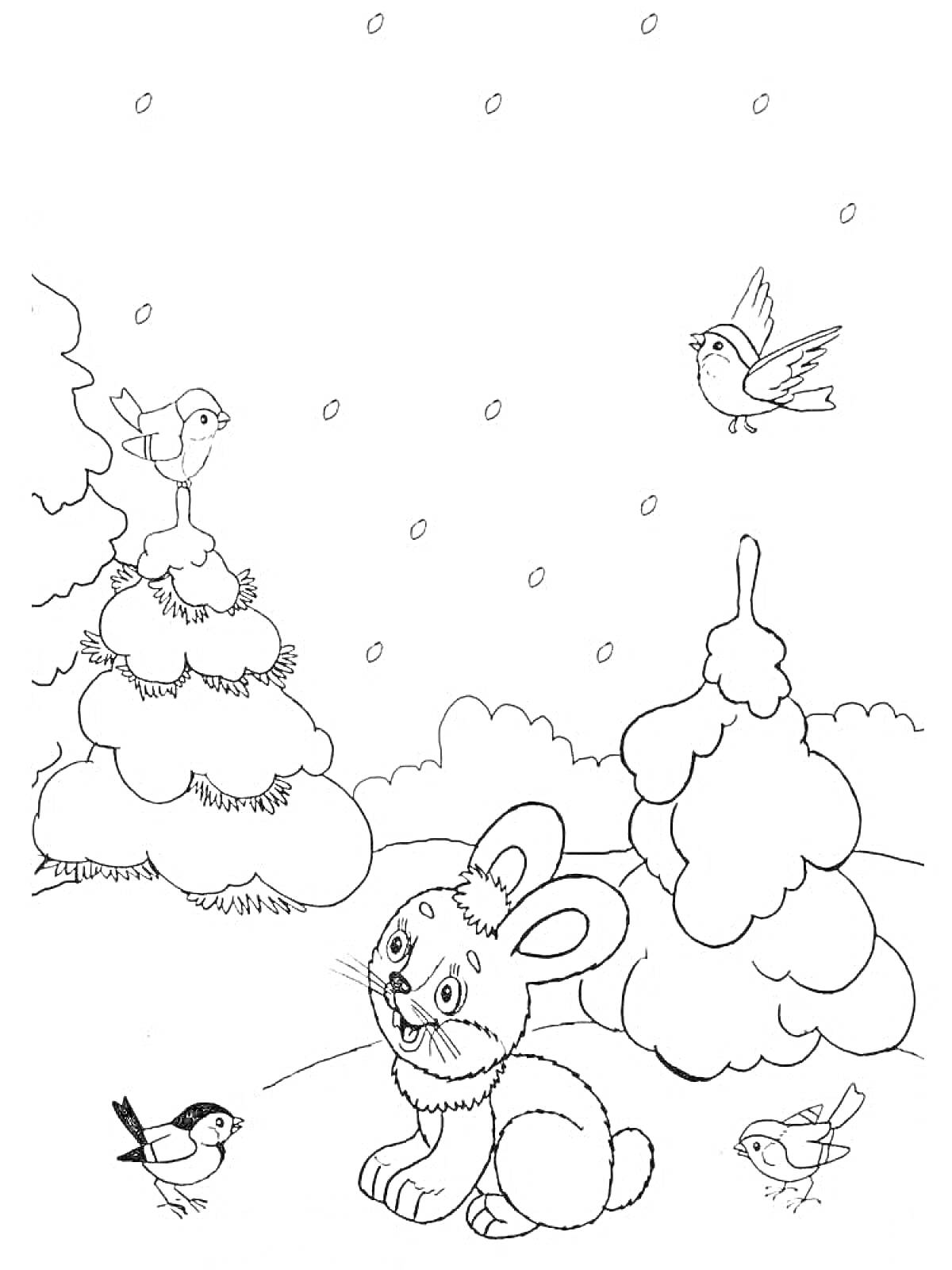 На раскраске изображено: Зимний лес, Заяц, Деревья, Снег, Природа, Зима, Снежинки