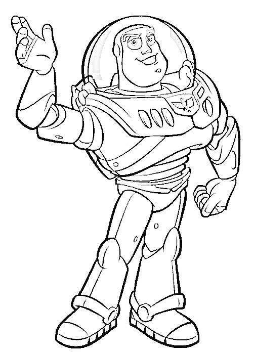 Раскраска Космонавт из популярного мультфильма в скафандре, с поднятой рукой, стоящий