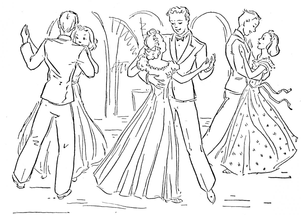 Раскраска Танцующие пары на балу