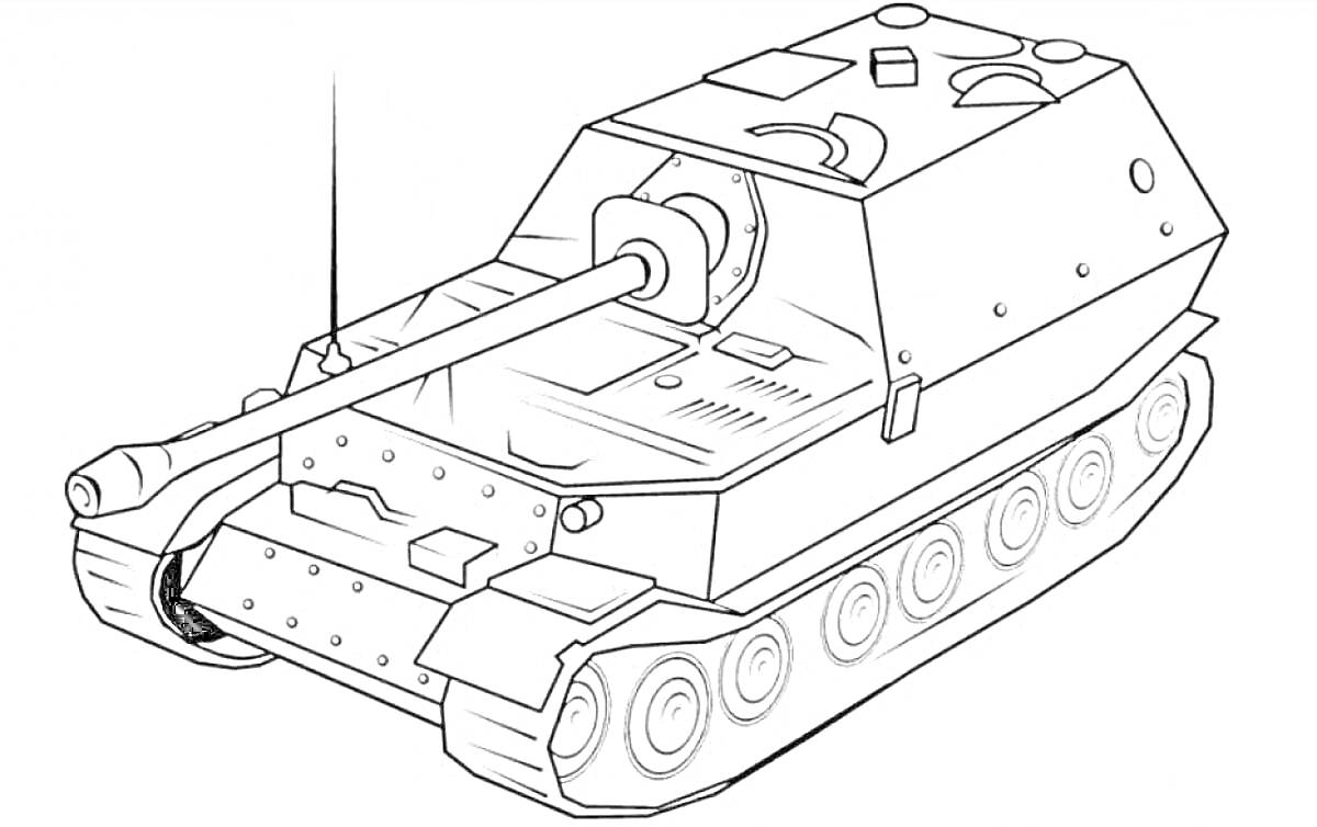 Раскраска Танковая раскраска для детей с пушкой, гусеницами и вертикальной антенной