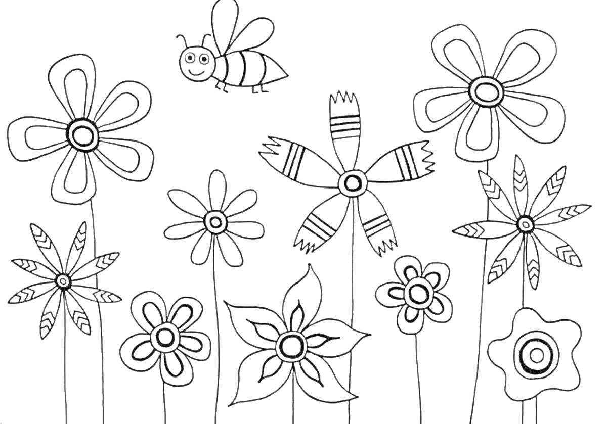 На раскраске изображено: Цветочек, Цветы, Пчелка, Узор, Лепестки, Природа, Для детей, Насекомое