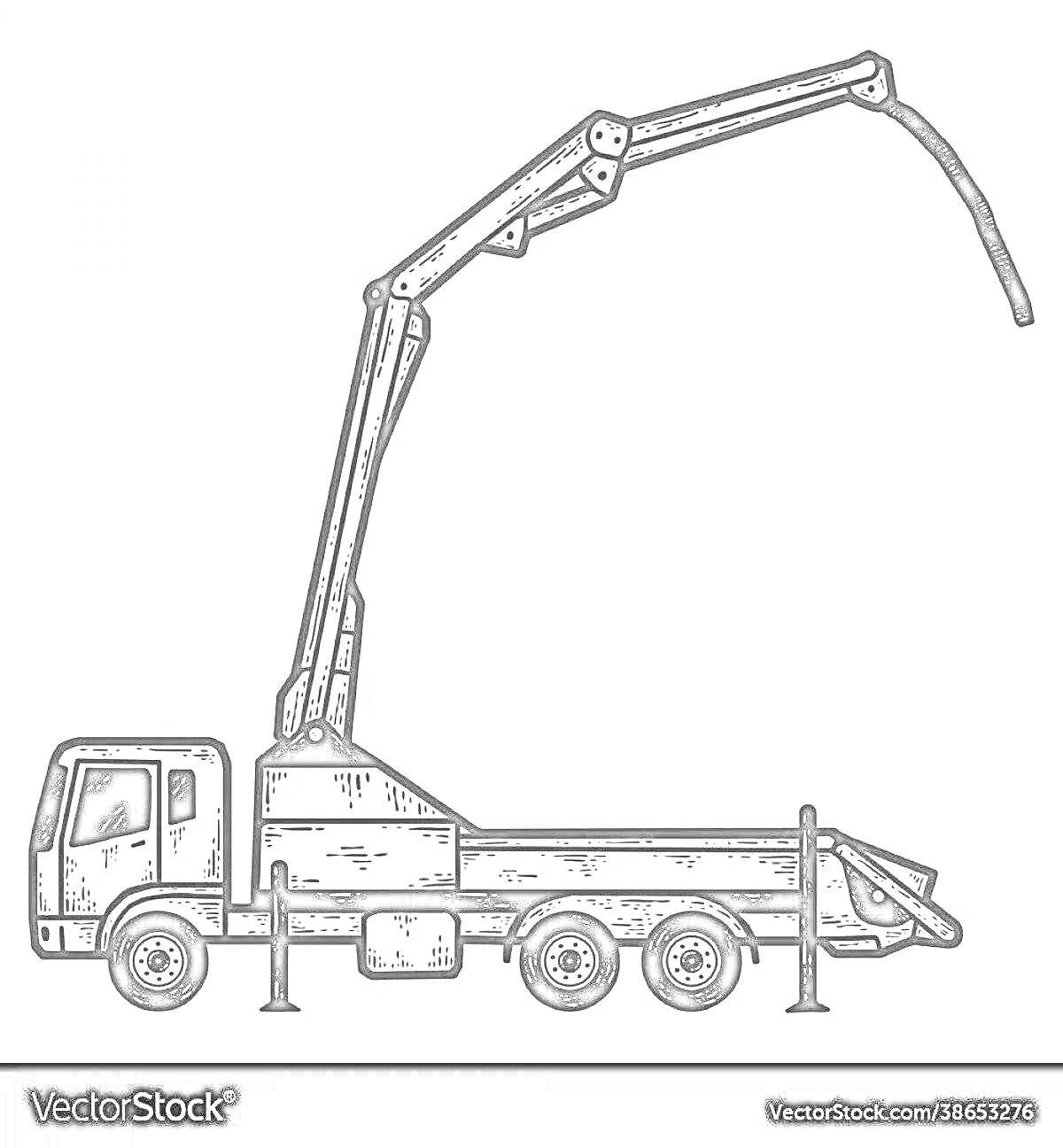 Раскраска Бетононасос с длинной стрелой на грузовике с тремя осями