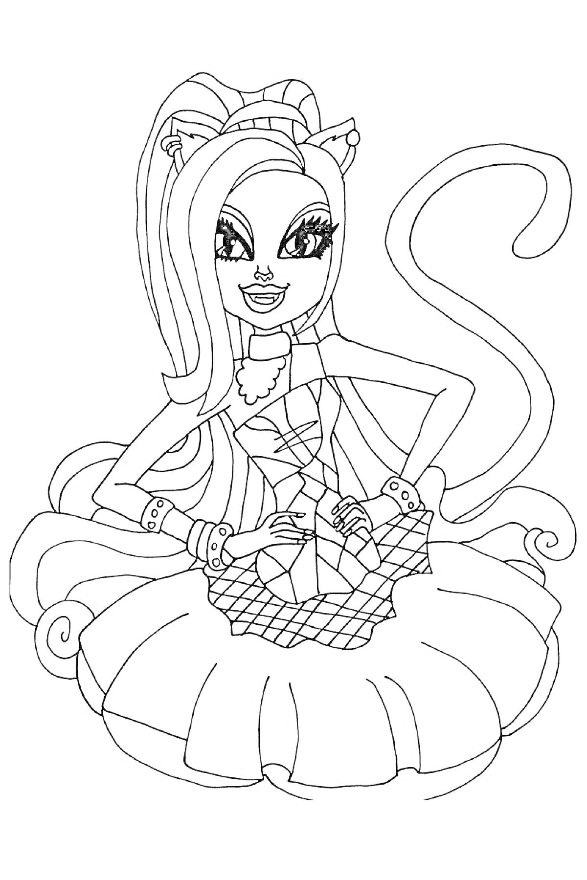 Раскраска Девочка-кошка с длинными волосами, бантом на голове и хвостом, в платье с оборками и корсетной лентой.