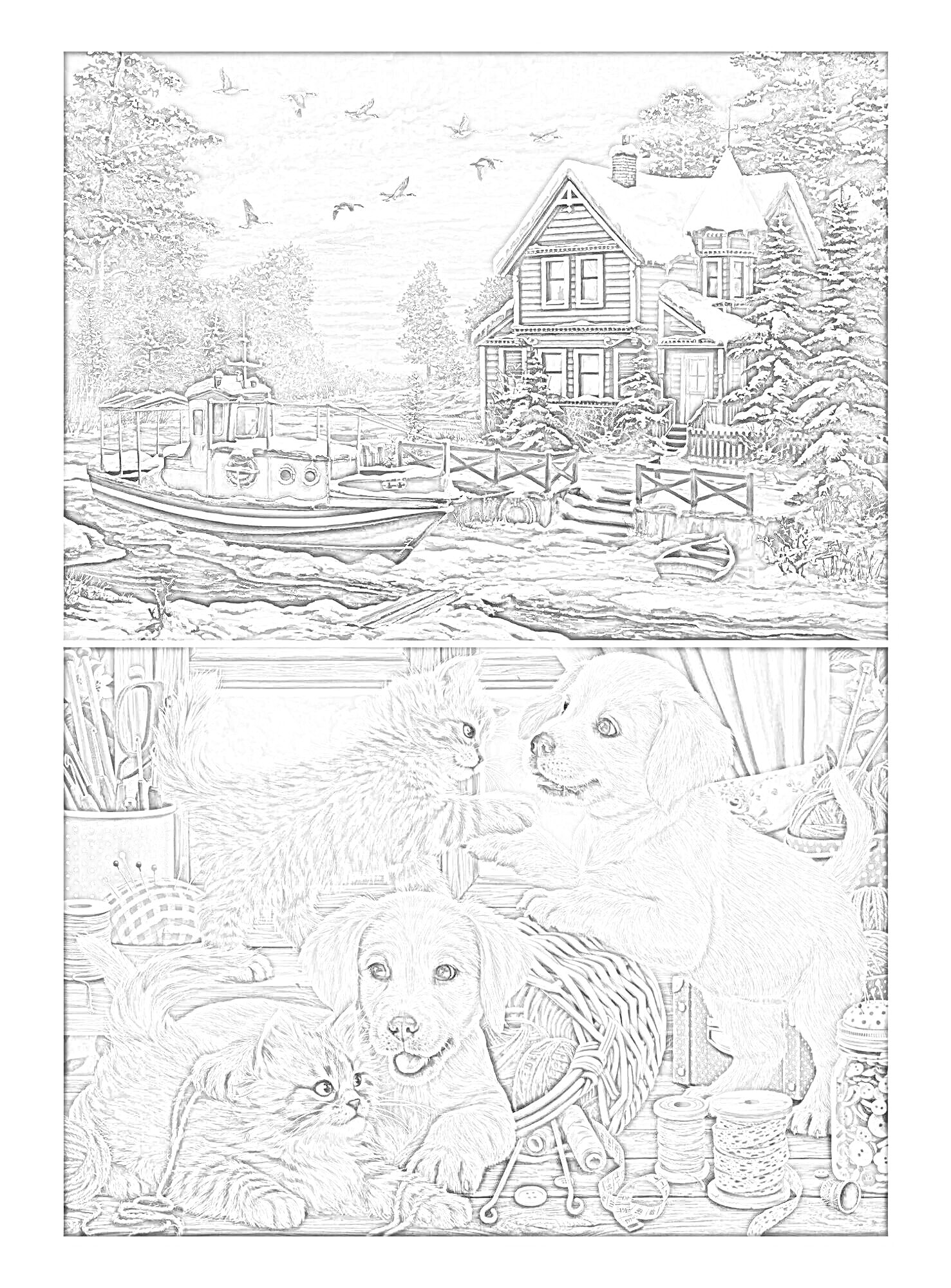 РаскраскаЗимний пейзаж с домом и лодкой; котенок и щенки играют с пряжей в комнате
