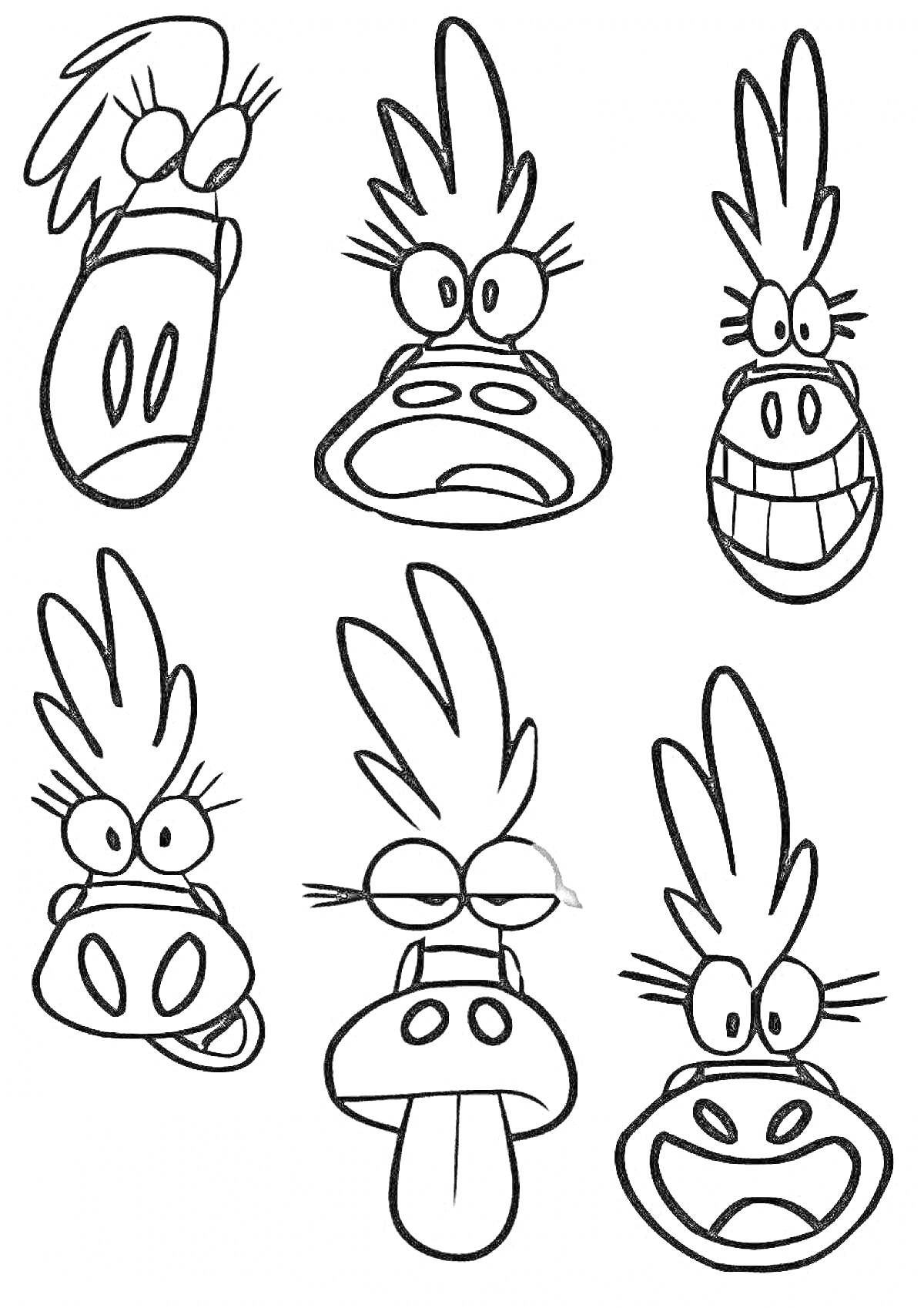 Раскраска Шесть забавных инопланетных персонажей с перьями на головах и разными выражениями лиц