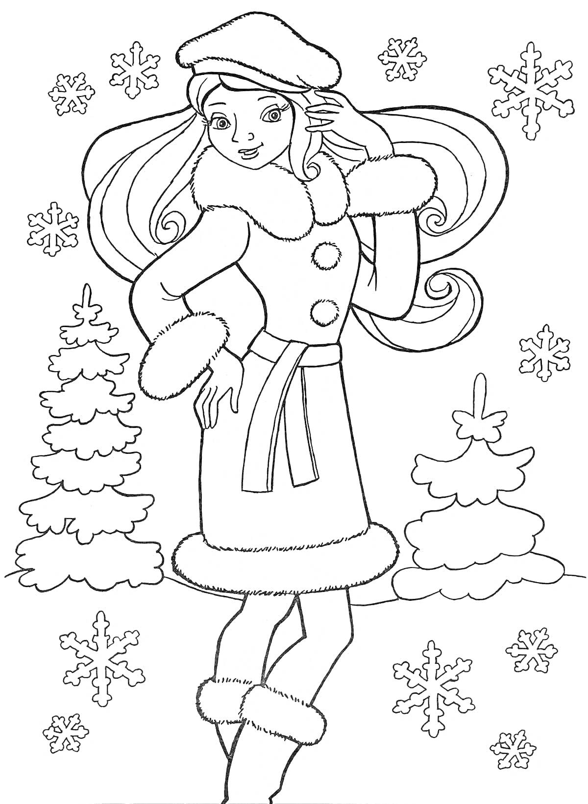 На раскраске изображено: Девочка, Зима, Зимняя одежда, Шапка, Меховой воротник, Ёлки, Снежинки, Новый год