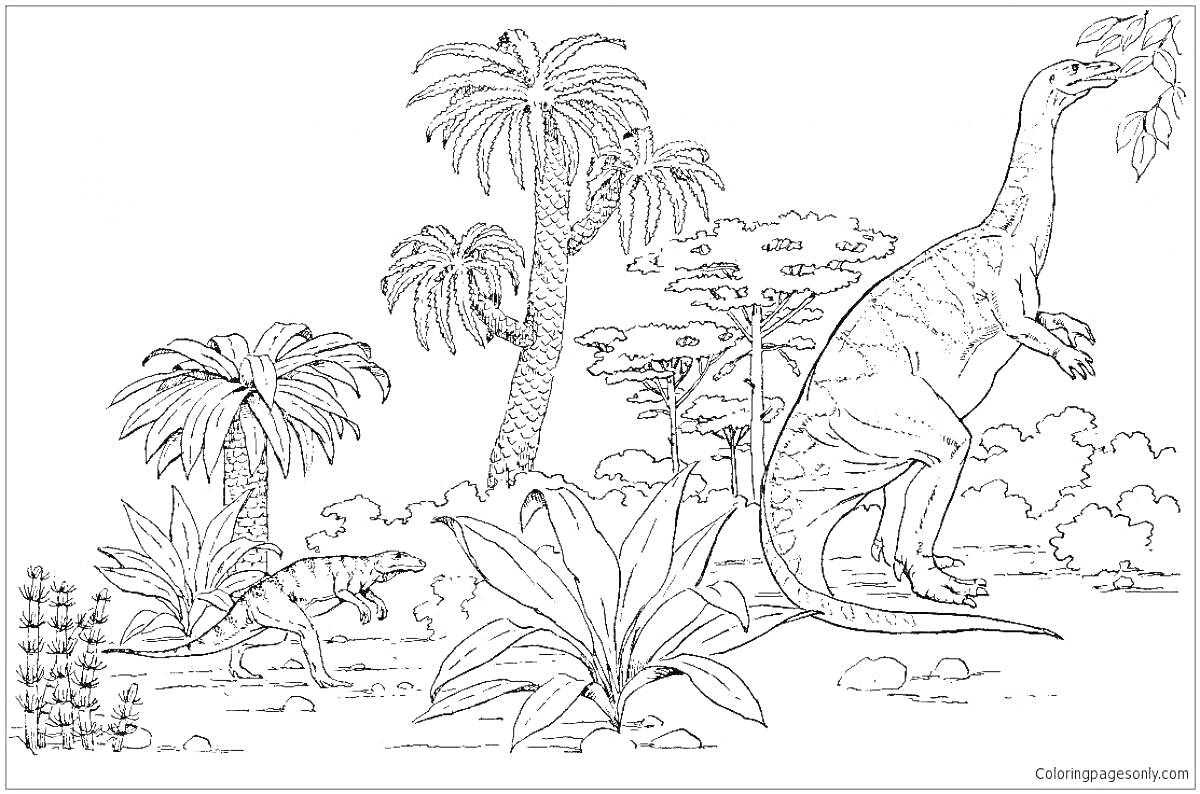 Раскраска Два динозавра в доисторических джунглях с пальмами и большими растениями