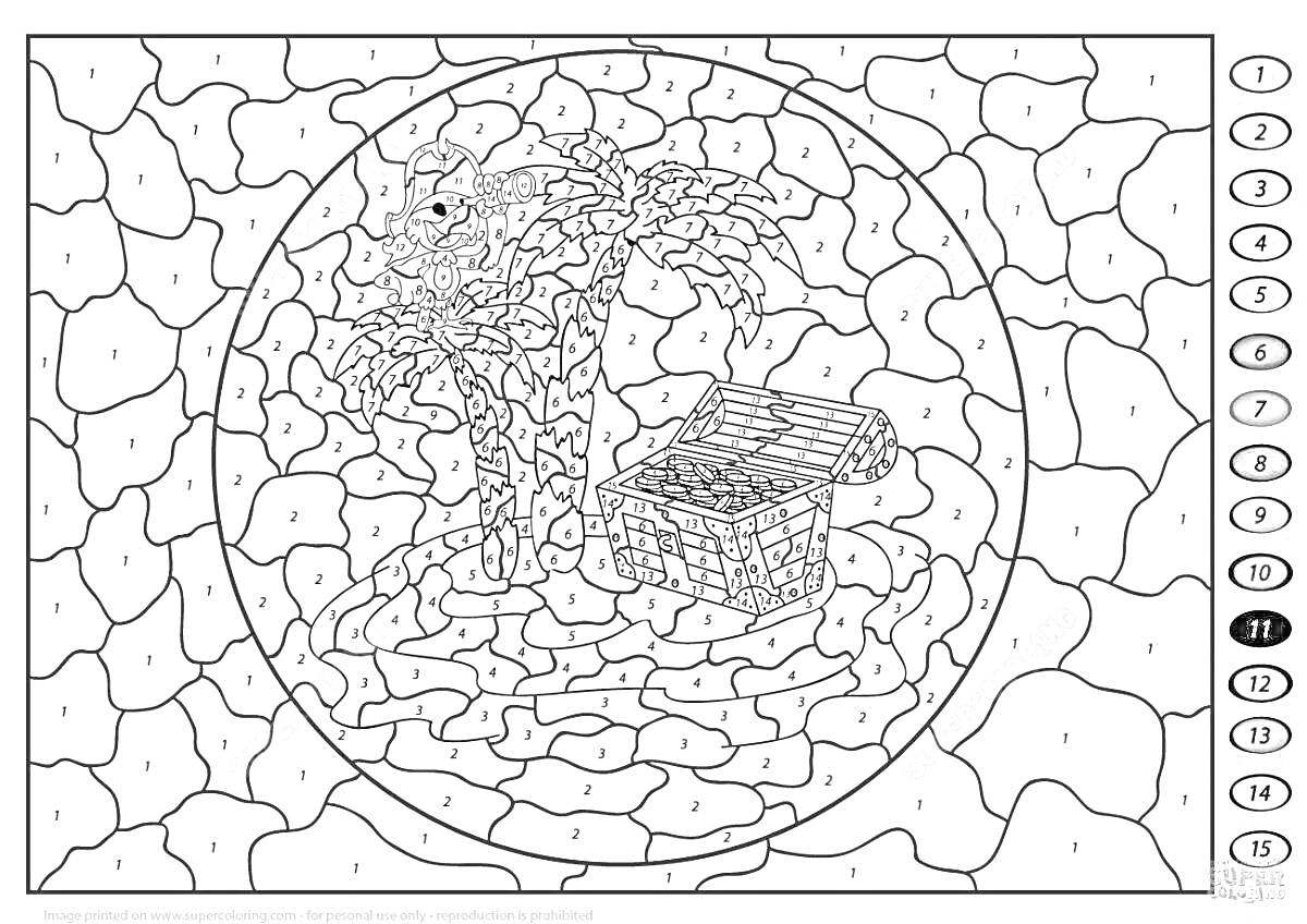 На раскраске изображено: Пальмы, Сокровища, Остров, Природа, По номерам