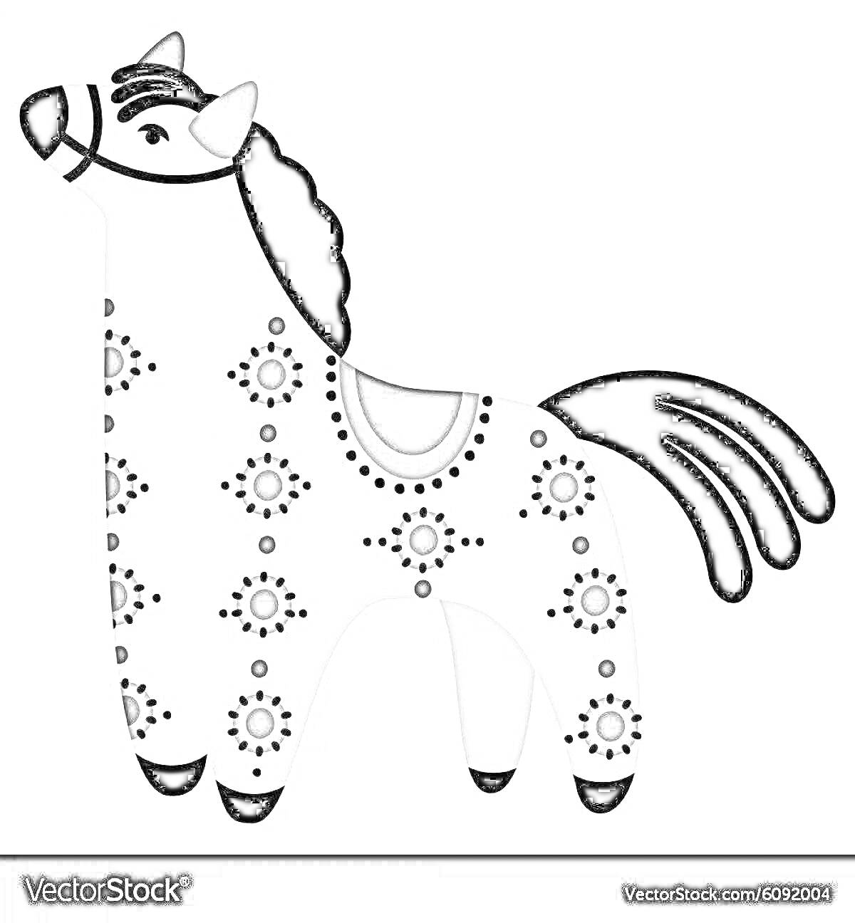 Раскраска Дымковская игрушка: лошадь с черной гривой и хвостом, черными узорами и седлом