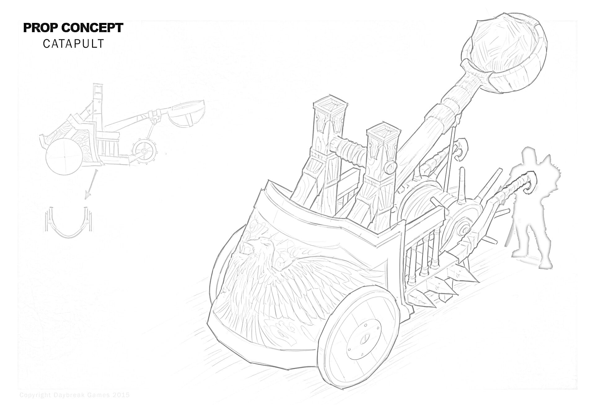 Раскраска Катапульта с щитом в форме орла, каменным снарядом, двумя крупными опорами и укладчиком для метания