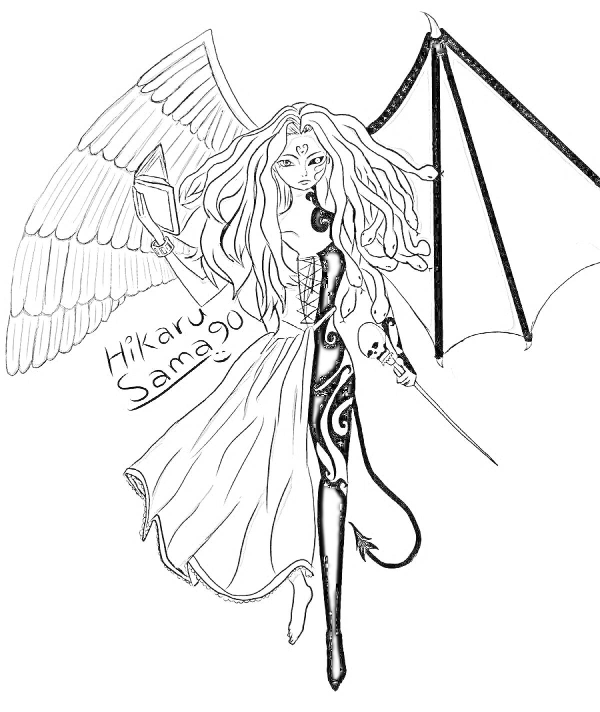 Раскраска Девушка демон с крыльями и мечом, надпись 