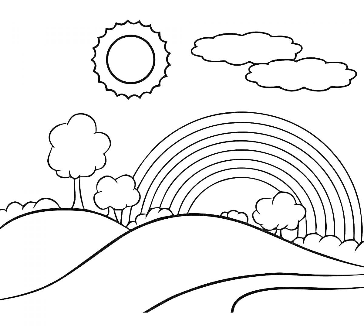 Раскраска Радуга над холмами с деревьями, солнцем и облаками