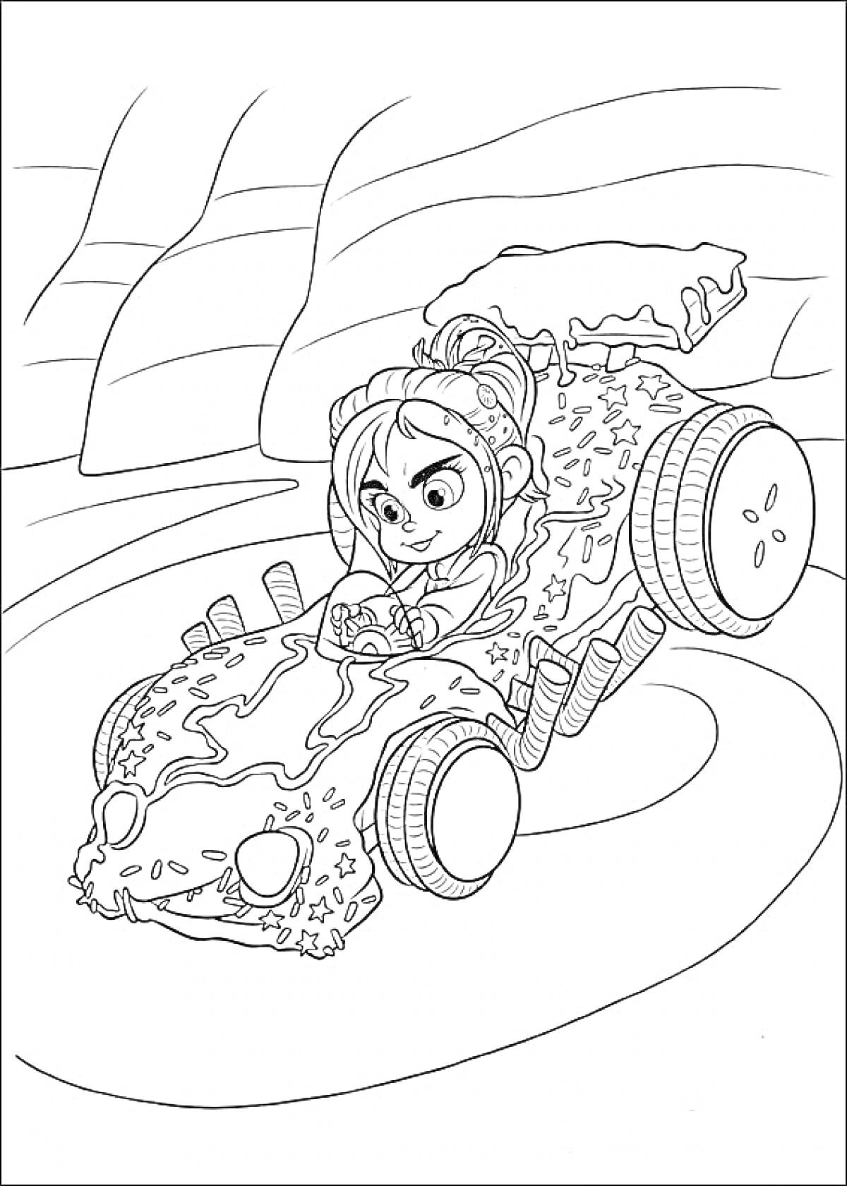 Раскраска Девочка за рулем конфетной машины, пещера, дорога