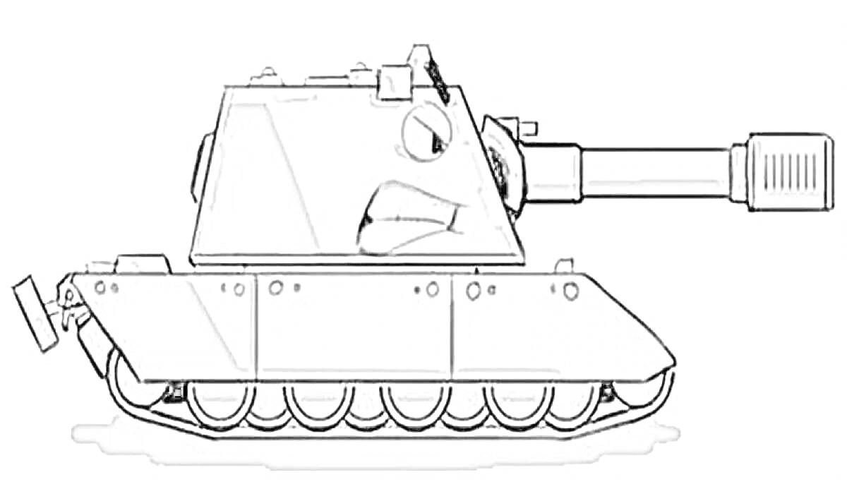 На раскраске изображено: Танк, Гусеницы, Пушка, Лицо, Военная техника, Мультяшный танк