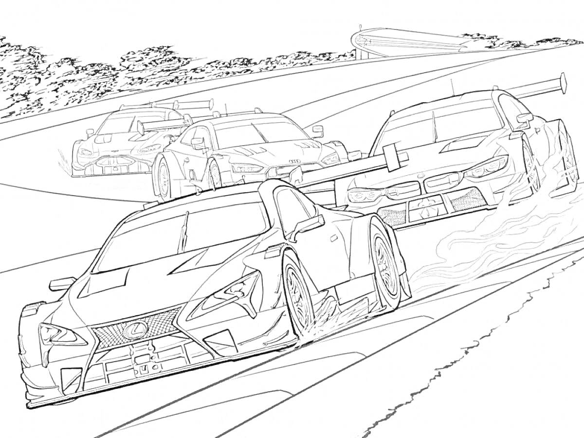 Раскраска Гоночные автомобили на треке, деревья на заднем плане, трасса с поворотом