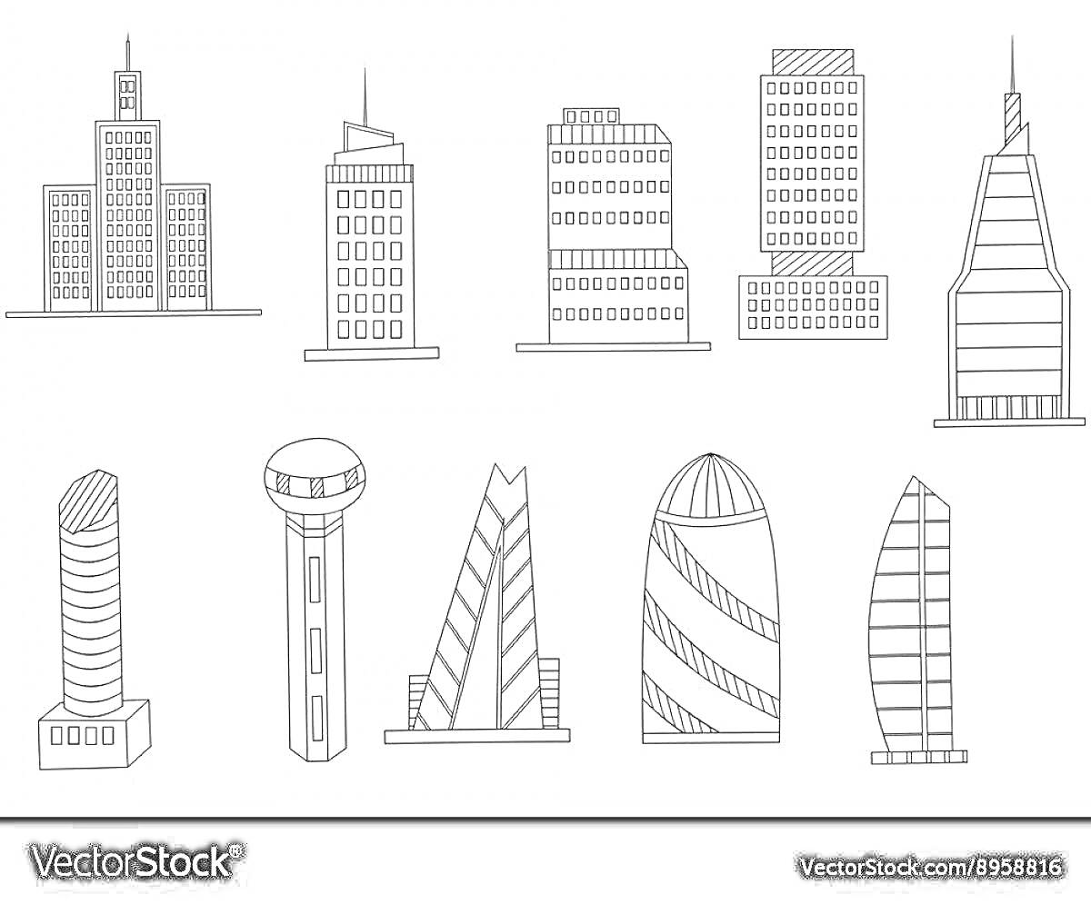 Раскраска для детей с изображениями небоскребов – восемь разных зданий, включая башни, шпили и здания с разнообразными фасадами и архитектурными элементами.