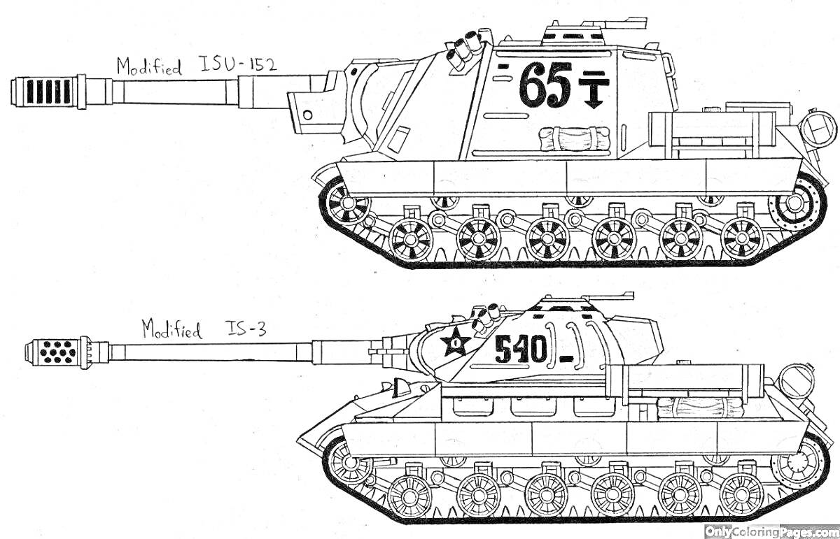 Раскраска Изображение двух модифицированных танков, включая ISU-152 и IS-3, с номерами 65 и 540 на корпусе