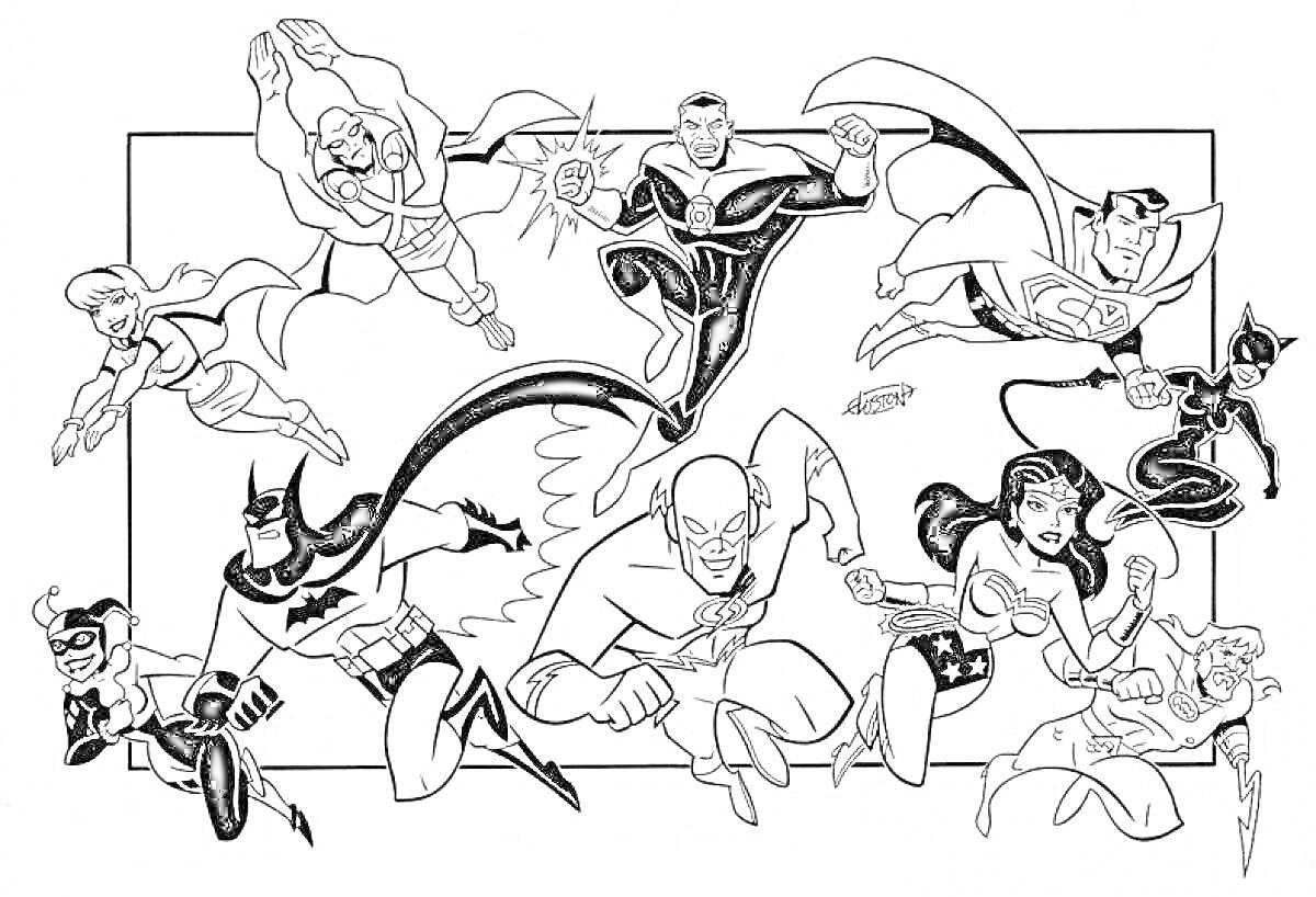 Раскраска Герои Лиги Справедливости в действии - Супермен, Бэтмен, Чудо-женщина, Флэш, Зелёный фонарь, Аквамен, Марсианский охотник, Затанна, Чёрная канарейка, Чудо-девушка