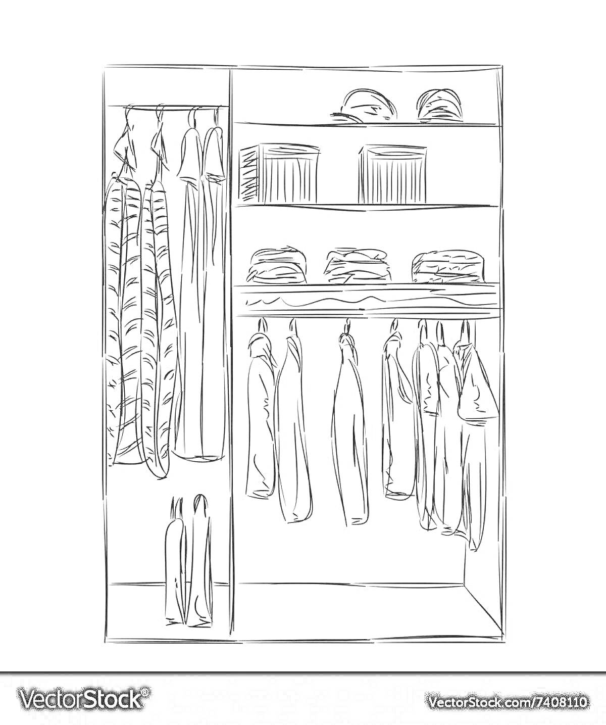 Раскраска Шкаф для одежды с висящими платьями, полками с головными уборами и сложенной одеждой, вешалками с рубашками и брюками, обувью внизу