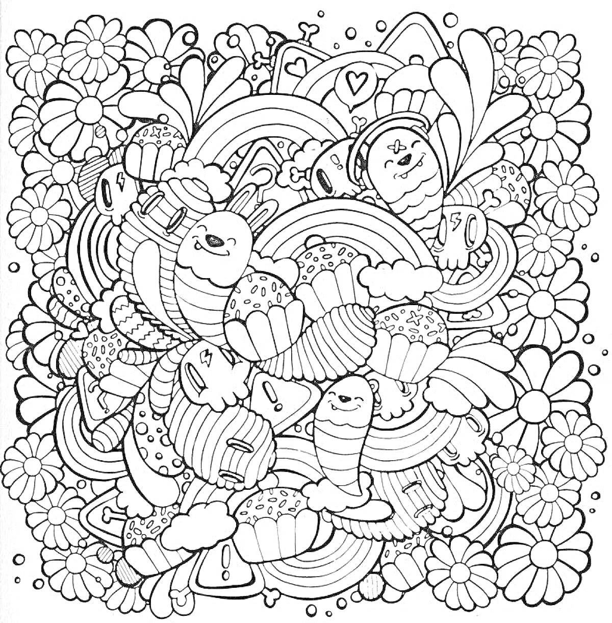 На раскраске изображено: Капкейки, Радуга, Цветы, Радость, Узоры