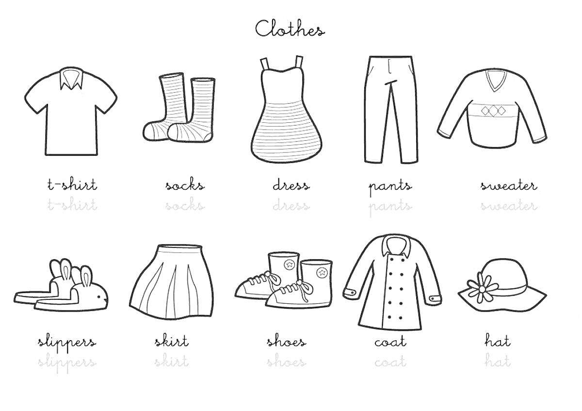 Clothes: t-shirt, socks, dress, pants, sweater, slippers, skirt, shoes, coat, hat