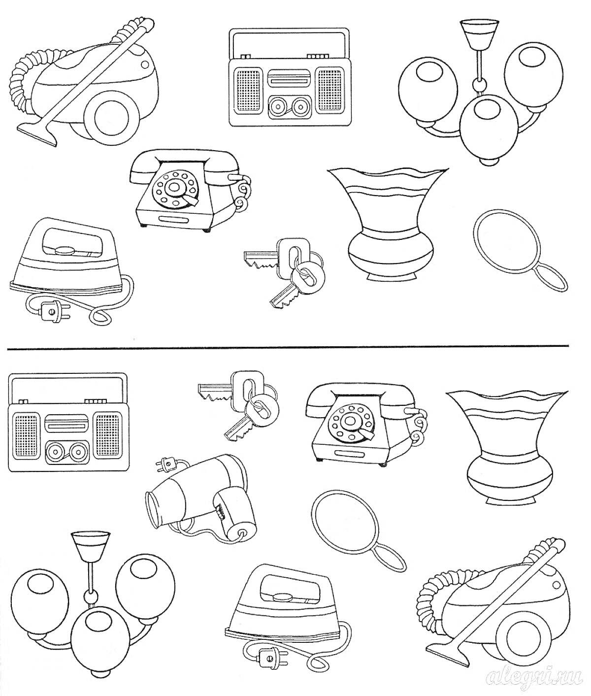 На раскраске изображено: Пылесос, Радио, Лампа, Телефон, Утюг, Ваза, Лупа, Фен, Бытовая техника, 6 лет, 7 лет
