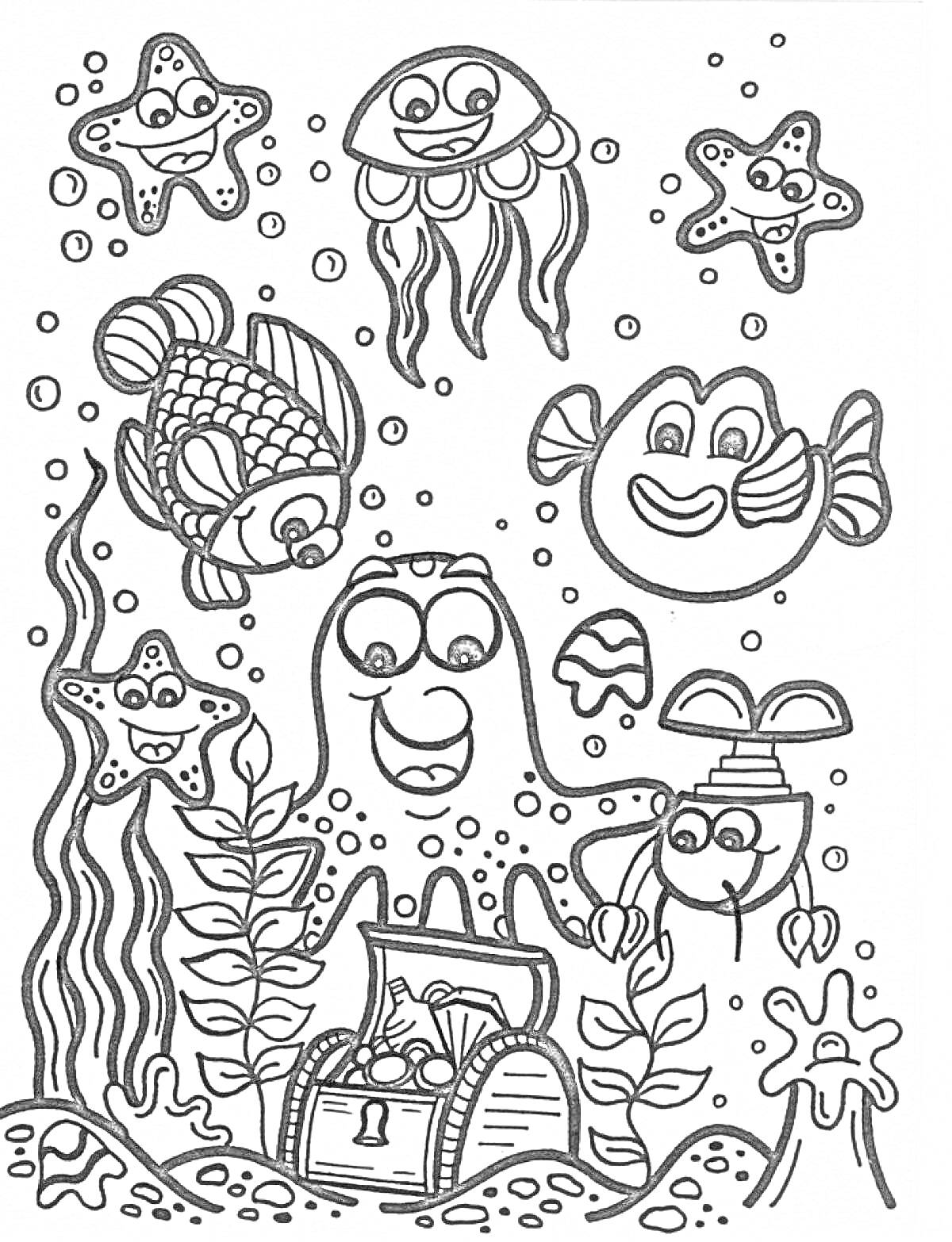 На раскраске изображено: Сундук с сокровищами, Медуза, Водоросли, Под водой, Море, Для детей, Рыба, Океаны, Осьминоги, Морские звезды, Морские животные