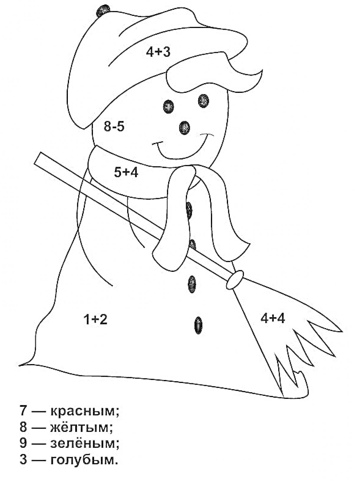 Раскраска Снеговик с математическими примерами, шапка, волосы, нос, шарф, пуговицы, метла.