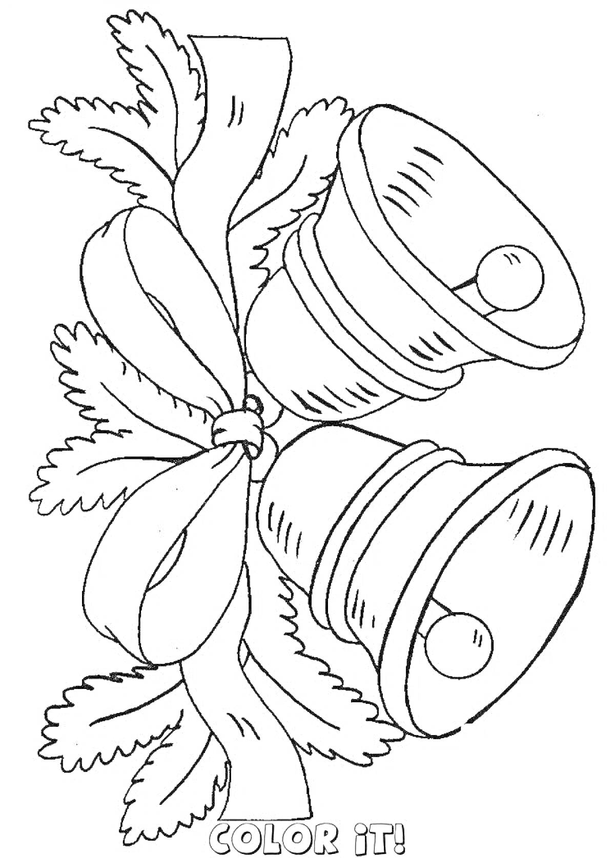 РаскраскаРождественский колокольчик с лентой и еловыми ветками