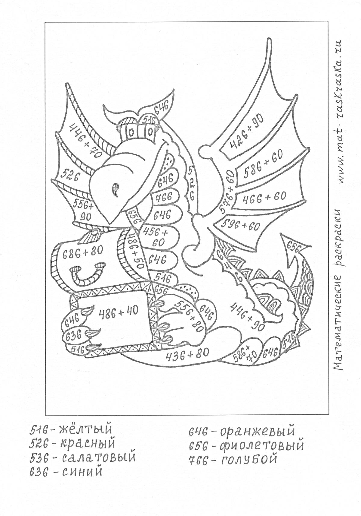 Раскраска Дракон с математическими уравнениями и многозначными числами для 4 класса
