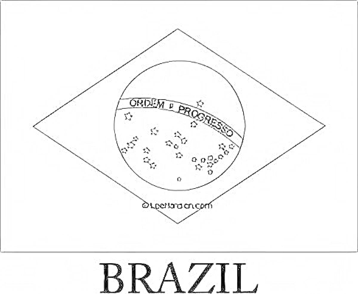 На раскраске изображено: Флаг, Бразилия, Надпись, Звезды
