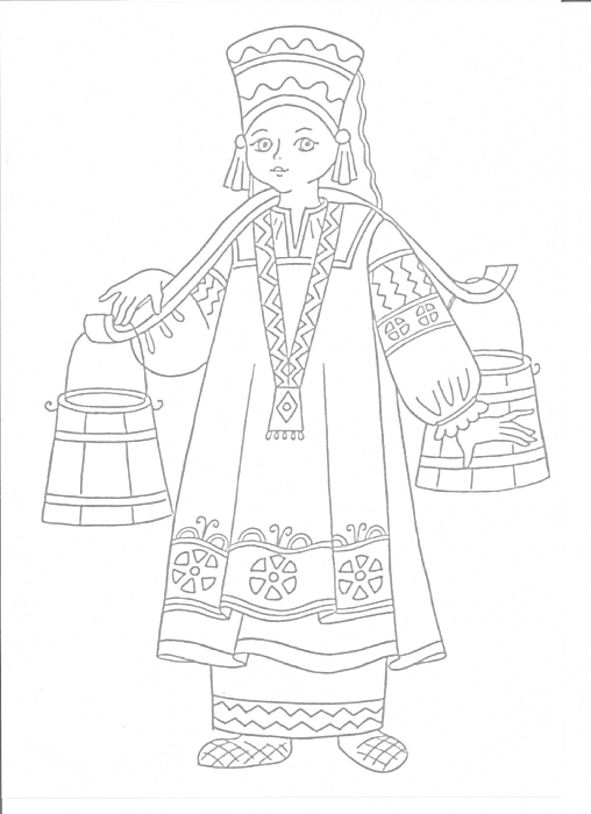 Девушка в русском народном костюме с коромыслом, ведра, кокошник, сарафан с узорами, рубаха с длинными рукавами, лапти