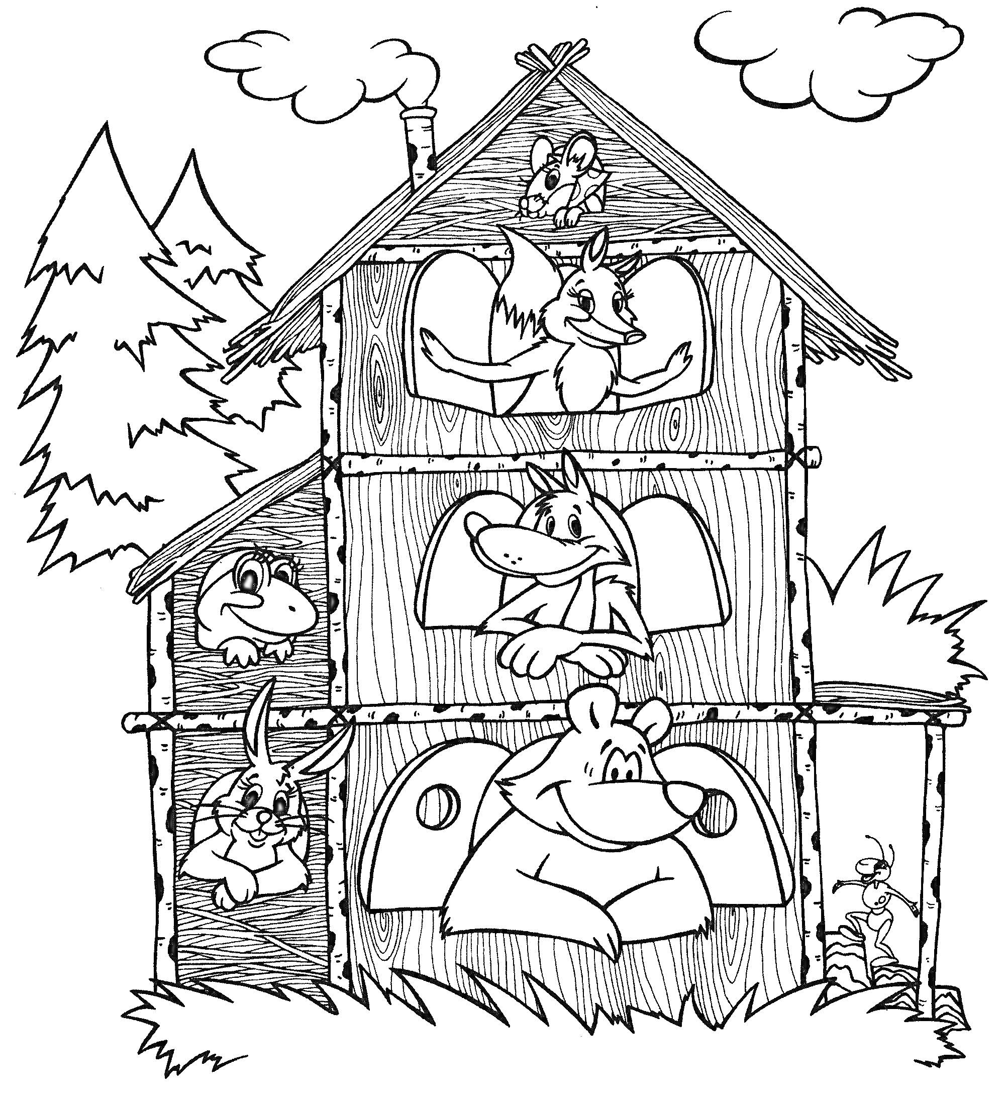Раскраска Теремок с животными: лиса на крыше, лягушка в окне слева, волк в окне справа, заяц в окне слева под лягушкой, мишка на дверях, мышка у двери