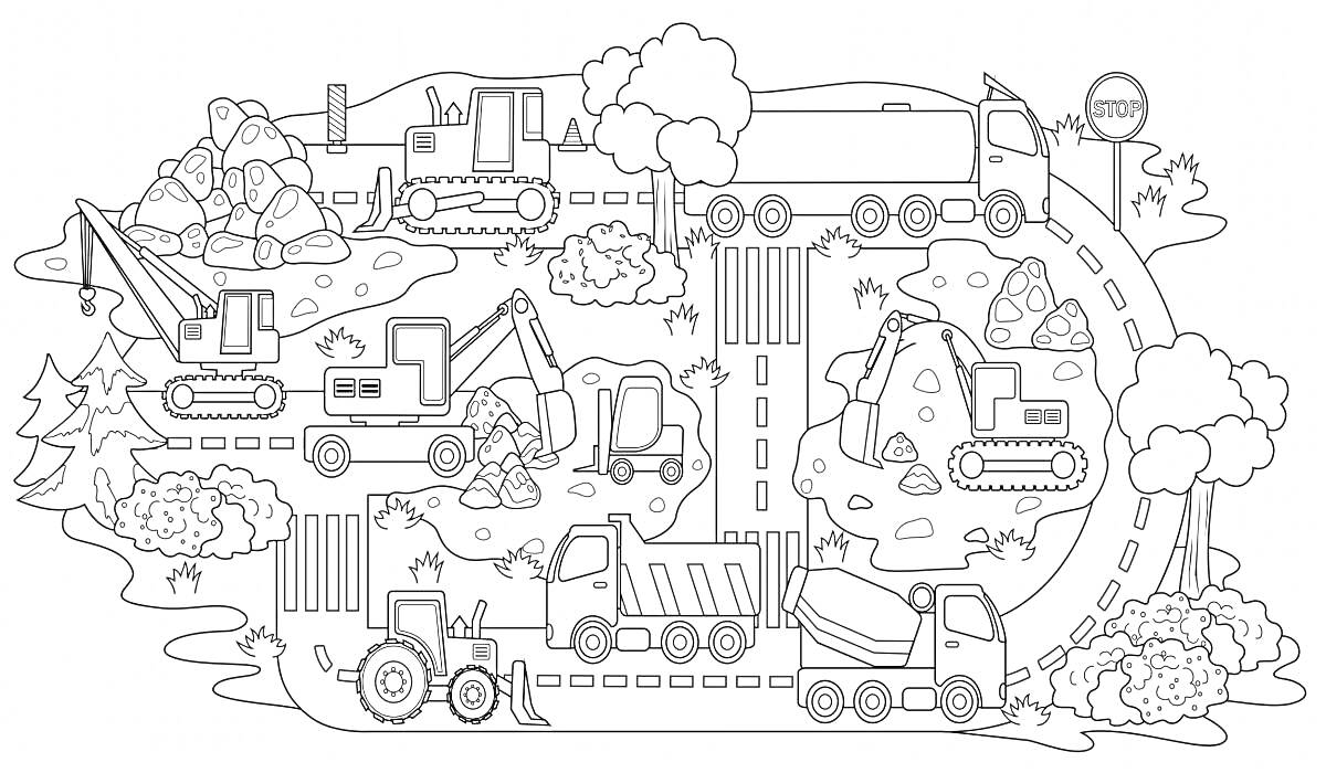 Раскраска Строительная площадка с дорожной техникой и оборудованием, включающая грузовики, экскаваторы, бетонную мешалку и дорожные знаки на лесной дороге