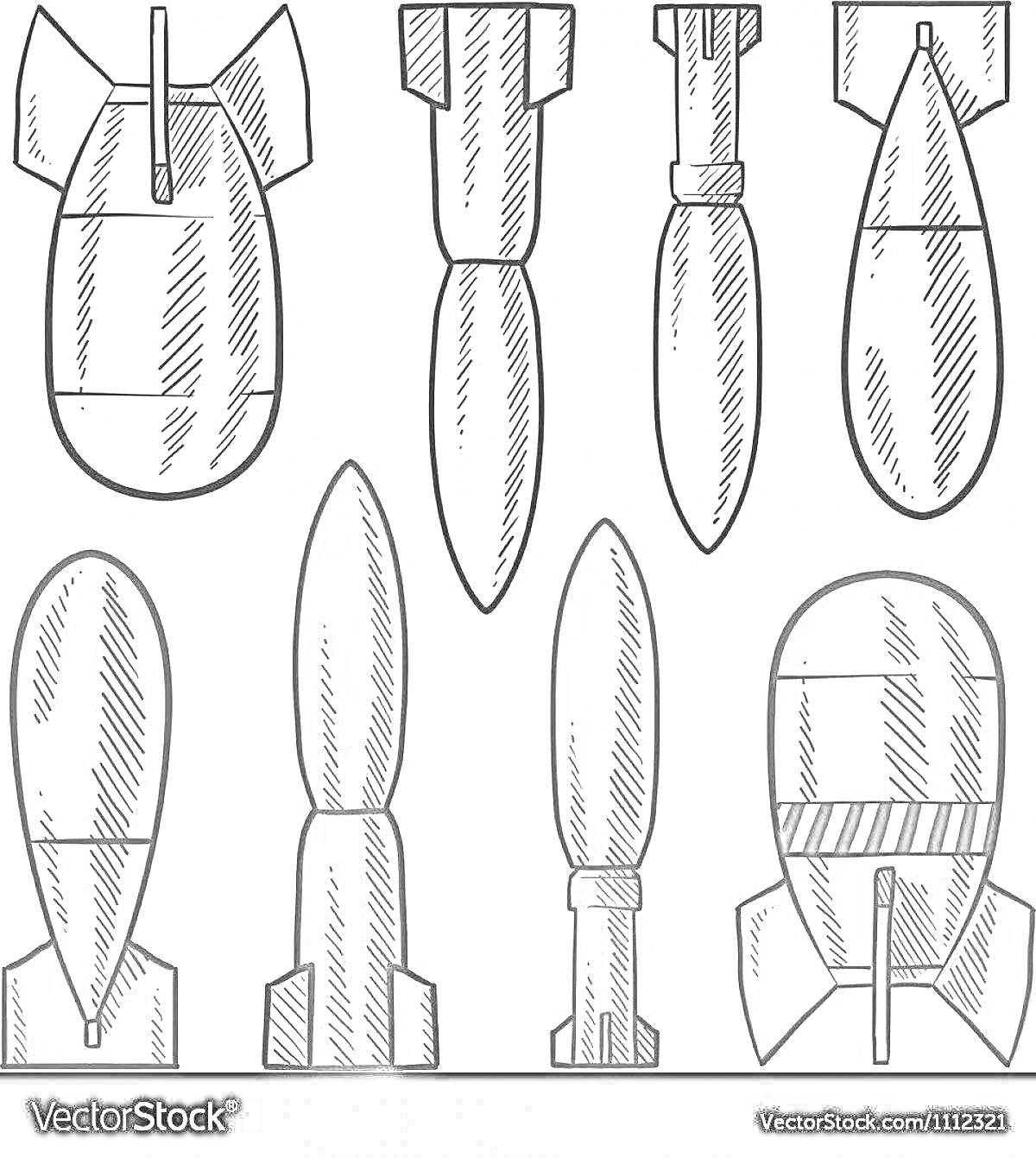 Раскраска Разные типы авиационных бомб (семь типов)