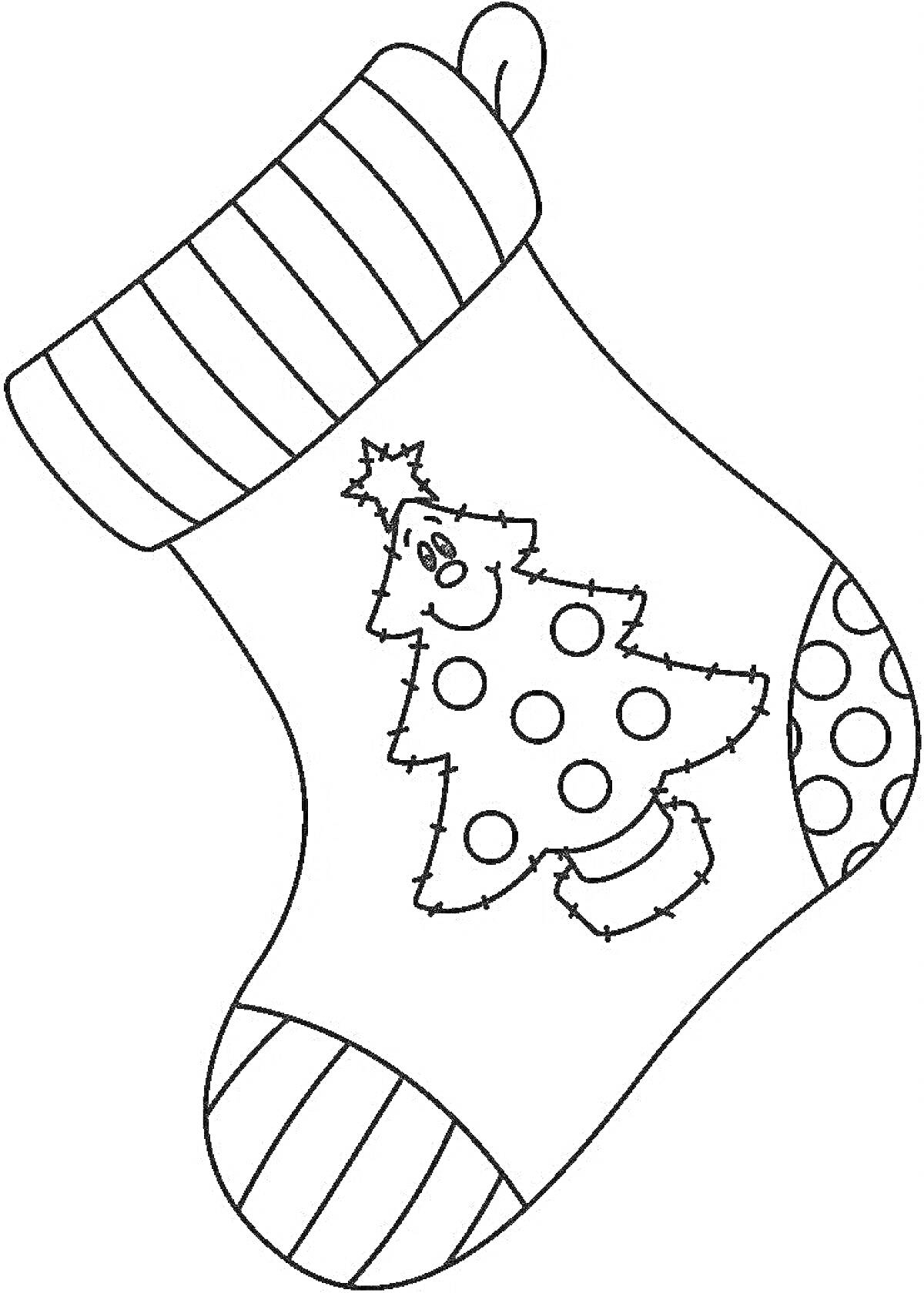 Раскраска Новогодний сапожок с елочкой, кругами и полосками