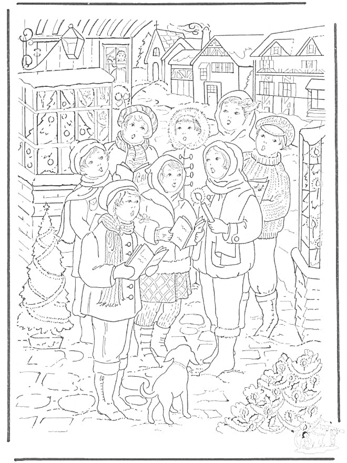Раскраска Дети колядуют на улице в рождественский вечер с книгами и музыкальными инструментами, на фоне украшенных домов, ёлки и собаки, стоящей рядом.