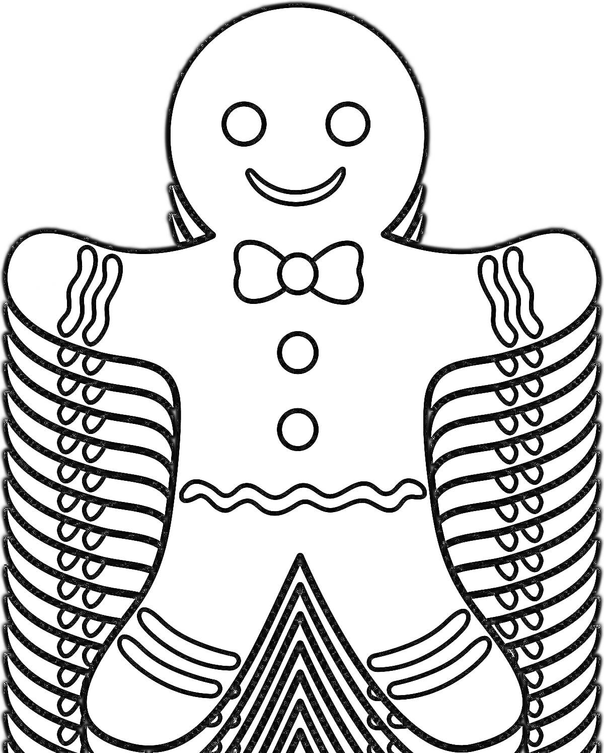 Раскраска Пряничный человечек с бабочкой и пуговицами, с узорными руками и ногами