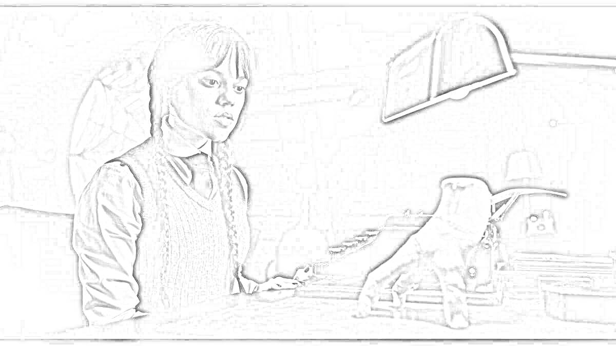 Раскраска Уэнсдей за столом с пишущей машинкой и Кистью под лампой